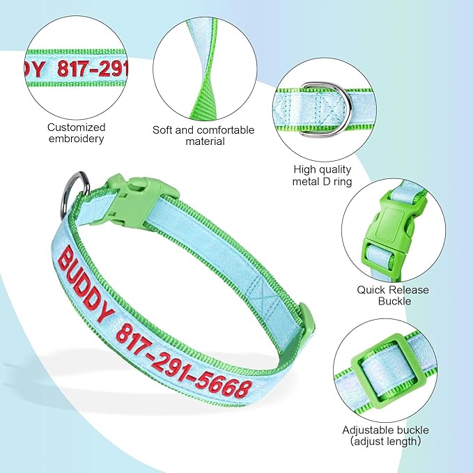 Personalized Glow in The Dark Embroidered Dog Collar, Luminous Custom Dog Collar with Name and Number, Fluorescent Glow Lighted Dog Collars for Night Adjustable Length Fits All Dogs