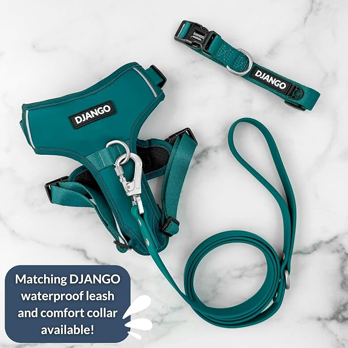 DJANGO Tahoe No Pull Dog Harness – Escape-Proof Dog Harness for Small & Medium with Front & Back Clips for Everyday Use – Adjustable, Padded, Reflective, Secure Fit, Easy On/Off – Dark Teal, Medium