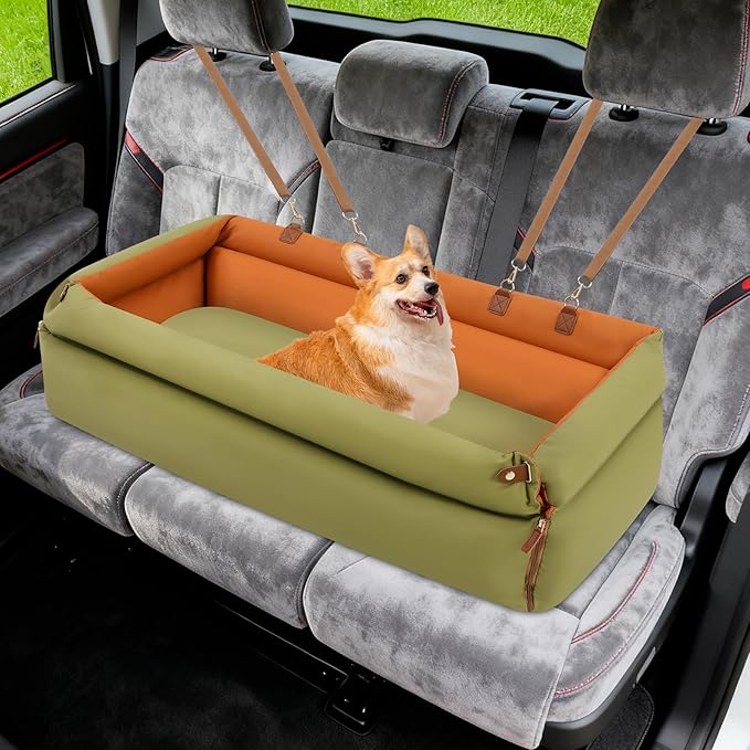 Dog Car Seat for Small-Medium Dogs, Portable 3-in-1 Waterproof Pet Booster Seat with Storage Pockets, Safety Leash & Cushion for Travel & Home Use (Green)