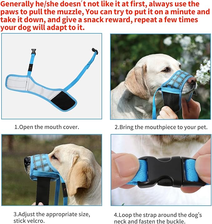 HEELE Dog Muzzle,Soft Nylon Muzzle Anti Biting Barking Chewing,Air Mesh Breathable Drinkable Adjustable Loop Pets Muzzle for Small Medium Large Dogs 4 Colors 4 Sizes (P-Blue Plaid, S)