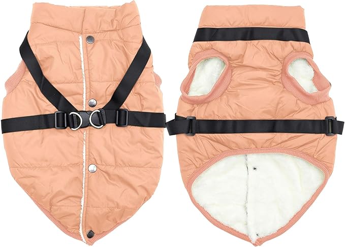 Dog Jacket with Harness,Fleece Lined Warm Puppy Coat for Winter,Soft Windproof Medium Dog Vest,LightOrange XL
