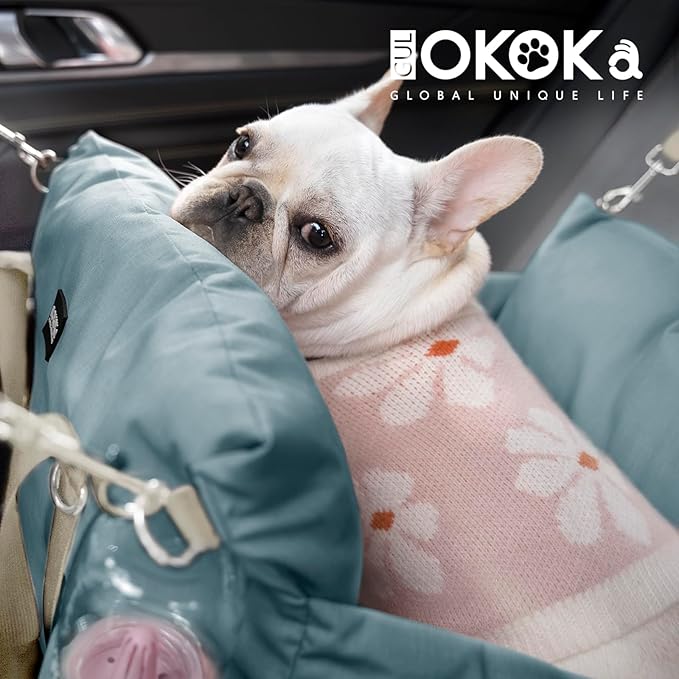 Small Dog Car Seat with Safety Leash - Up to 25lbs, Waterproof Travel Bed with Detachable Cover and Pockets - Easy Installation - Blue