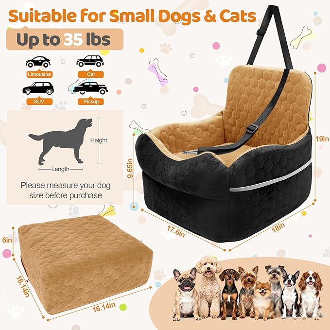 Dog Car Seat for Small/Medium Dogs - Puppy Car Seat Under 35 lbs with Thick Elevated Cushion & Safety Belt for Travel - Detachable & Washable Dog Booster Seat with 2 Sides Storage Pockets(Black/Brown)