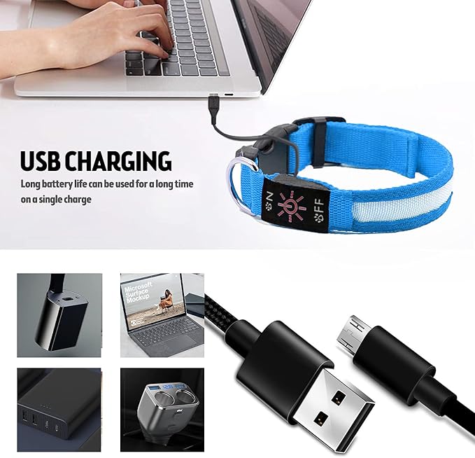 LED Dog Collar, Reflective Dog Collar, USB Rechargeable with 100% Waterproof Luminous Collar, Suitable for Medium and Large Dogs (Blue, M)
