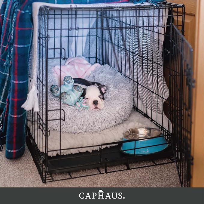 CAPHAUS Foldable Dog Crate Wire Metal Dog Kennel w/Leak-Proof Pan & Protecting Feet & Divider Panel, Single or Double Door, Small, Medium & Large Indoor Wire Cage, 24” w/Single Door