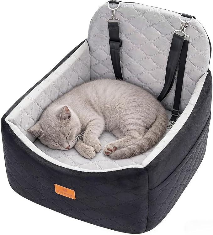 Dog Car Seat for Small/Medium Dog/Cat up to 30 lbs Memory Foam Pet Booster Seat with Detachable Washable Cover Travel-Safe Car Bed with Safety Belt/Storage Pockets Easy to Install