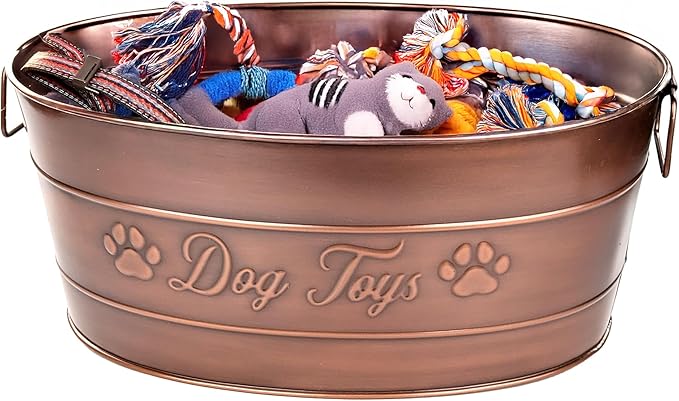 BREKX Indestructible Metal Dog Toy Bin - Galvanized Metal Bin with Handles for Accessory Storage - Pet Toy Basket, Blanket Basket - Storage Dog Toy Box, Farmhouse Decor (Copper - 25 Quart)