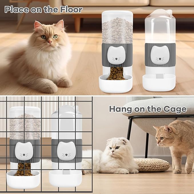 Yummy Sam Hanging Automatic Small Pet Food Water Dispenser, Auto Gravity 0.8L Cat Feeder and 0.87L Water Dispenser, Self-Feeding and Waterer Set Kennel Feeding Station for Puppy Cats (Grey White)