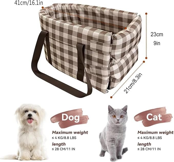Pet Safety Booster Seat, Center Console Car Seat for Small Dogs Cats, Puppy Armrest Booster Seat, Pet Washable Travel Armrests Bed Bag, Removable Dog Car Seat for Small Pets Up to 13 Lbs (Plaid)