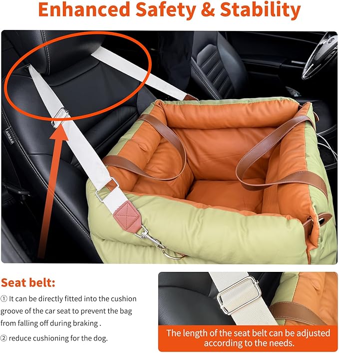 Dog Car Seat for Small & Medium Dogs - 3 in 1 Waterproof Soft Leather Dog Bed for Car with Harness Clip, Travel Bed & Carrier Bag for Pets, Fits Pets Up to 35 lbs (Green, Small & Medium)