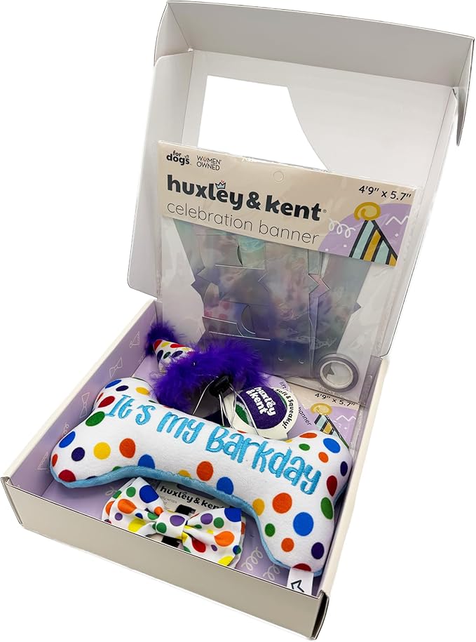 Huxley & Kent Celebration Box for Dogs - Fun Gift Kit with Plush Squeaky Toys, Party Hat, Bow Tie & Banner - Birthday, Gotcha Day & Special Occasion Dog Kit - Happy Barkday Box, Large