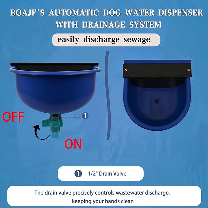 Automatic Water Dispenser for Dogs with Drain Hole & Drain Valve, 1 Gallon Auto Dog Water Bowl Outdoor with Float Valve, Hose Quick Connect Fitting, for Livestock, Chicken, Horse (Blue)