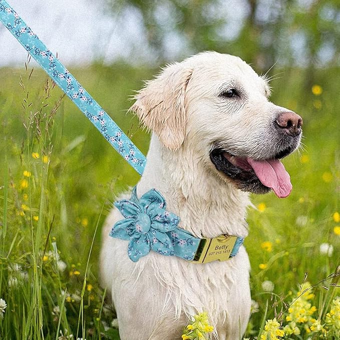 Flower Custom Dog Collar Leash Floral Printed Nylon Pet Dog Collars Lead Personalized Puppy Collars for Small Medium Large Dog 153 Blue Set S