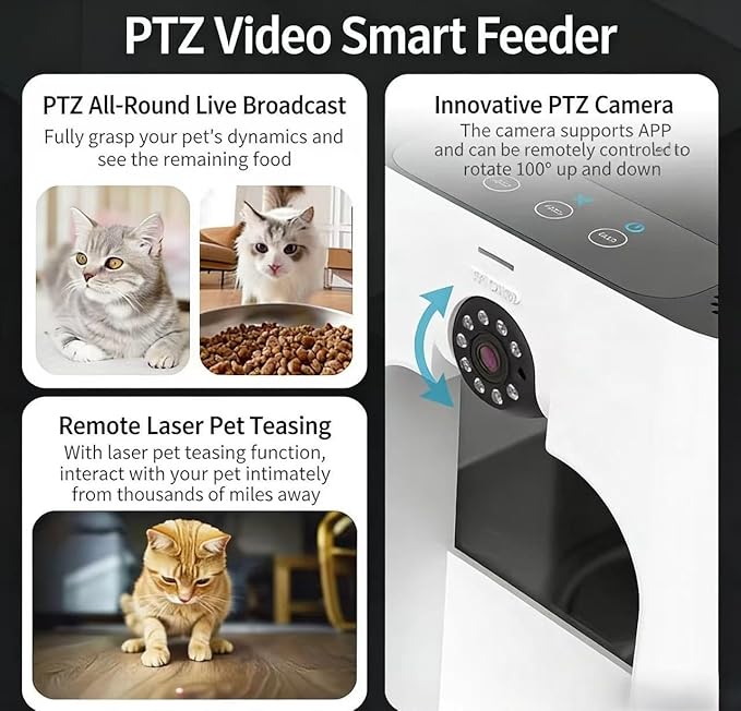 Automatic Cat Feeder with Camera, 5L Large-Capacity Pet Feeder, HD Video & Night Vision, Two-Way Audio, Laser Play, Scheduled Portion Control, Dual-Band WiFi, Battery & Plug-in Power