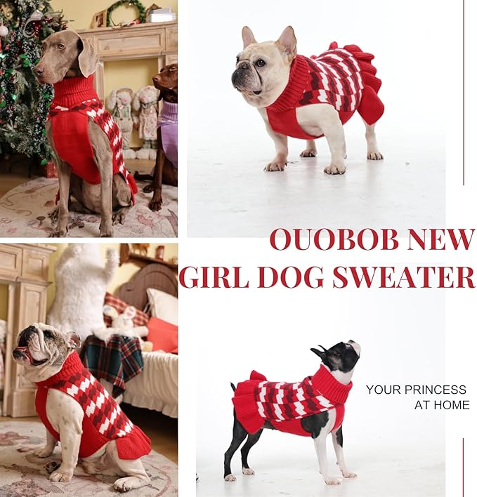 Dog Sweaters for Extra Large Dogs Girl, Dog Sweater Dress with Leash Hole, Thick Turtleneck Knitwear for Female Dogs, Warm Fall Winter Dress for Cold Weather, Holiday - Red XXXXXL