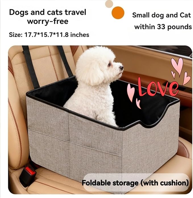 Portable Foldable Cat Dog Car Seat for Small Dogs Spacious Travel Bed with Clip-On Safety Leash Comfy Carseat with Storage Pockets Cat Puppy Car Travel Carrier Bed (Grey)
