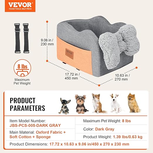 VEVOR Console Dog Car Seat, Center Console Dog Booster Seat for Small Dogs, Pet Seat for Car Armrest with Clip-On Leash, Adjustable Straps, Supports up to 8lbs, Dark Gray