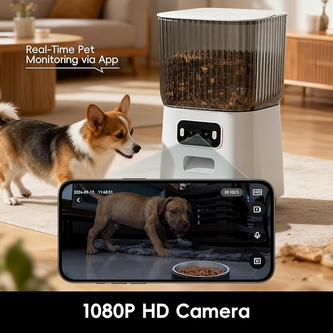 5L Smart Pet Feeder with HD Camera, WiFi Automatic Food Dispenser, Dual Stainless Steel Bowls, App Control, Voice Recorder, Motion Detection for Small and Medium Pets