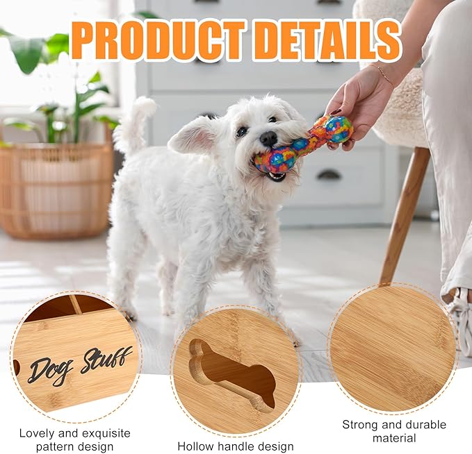 Leinuosen Large Dog Toy Bin Basket, 20 Inch Large Stuff Toy Storage Basket Bin with Bone Handle Cutout Pattern Bamboo Container for Organizing and Storage Dog Leash Chew Toys, (Natural, Divided)