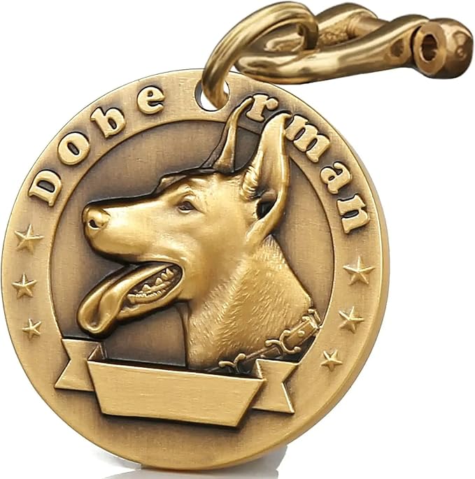 Vintage Pure Copper Pet ID Tags,Personalized Dog Tags,Three-Dimensional Relief Pet Pattern,Lettering on The Front & Back,Custom Pet Tags (B05-Doberman Pinscher)