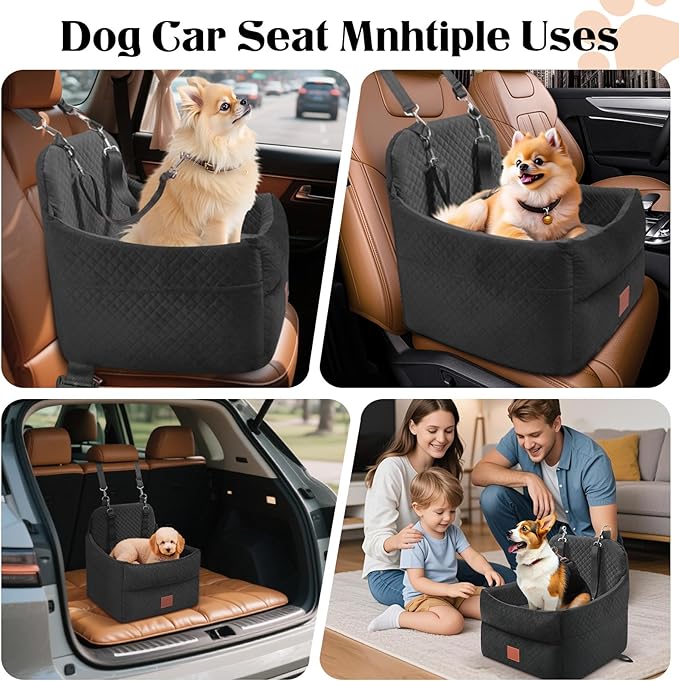 Dog Car Seat for Small/Medium Dogs Under 35lbs, Memory Foam Dog Booster Seats with Washable Removable Cover, Travel Portable Pet Car Seat with 2 Safety Belts and Storage Pockets (Black, Medium)