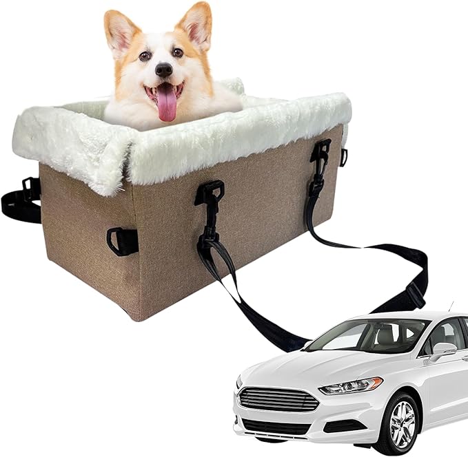 Soft Dog Car Seat, Portable Puppy Console Chair, 18 Inches Pet Cushion with Safety Buckle, Oxford Fabric Travel Bed with Comfort Padding, SUV Armrest Vehicle Seat Secure Straps