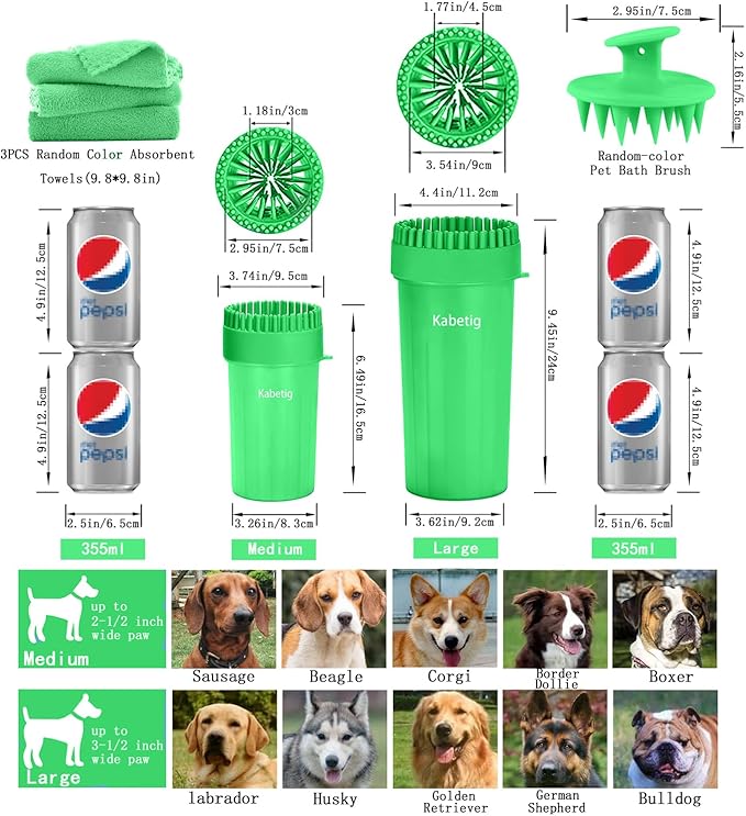 Dog Paw Cleaner for Meduim/Small Breed Dogs with 3Pcs Absorbent Towels & Graspable Dog Bath Brush (Green, Medium)