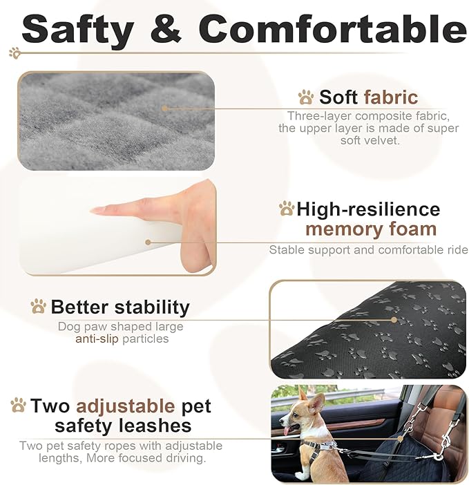 Car Dog Seat with 2 Safety Leashes,Dog Booster Seat for Small Medium Dogs 0-28lbs,Pet Car Travel Safety Bed with Storage PocketsFully Detachable and Easy to Install(S1-Black Outside Grey Inside)