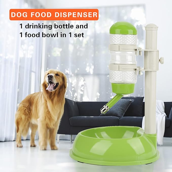 Pet Water Dispenser and Food Bowl, Pet Dog Cat Water Food Feeder Bowl Bottle Standing Dispenser, Height Adjustable Automatic Water Dispenser Feeding Station for Pets Cats Dogs