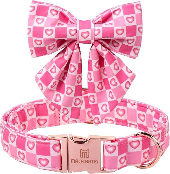 Maca Bates Valentine's Day Dog Collar with Sailor Bow for Medium Girl Boy Dogs,Checkered Pink Love Hearts Pattern,Adjustable Durable Soft Plaid Valentine Gift for Female Male Puppy