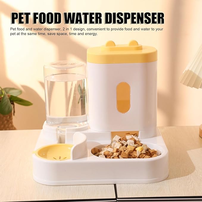 Pet Food Water Dispenser, 2 in 1 Large Capacity Detachable Automatic Cat Waterer Feeder, Gravity Cat Feeder and Water Dispenser Dog Feeder Waterer for Dog Puppy(Yellow)