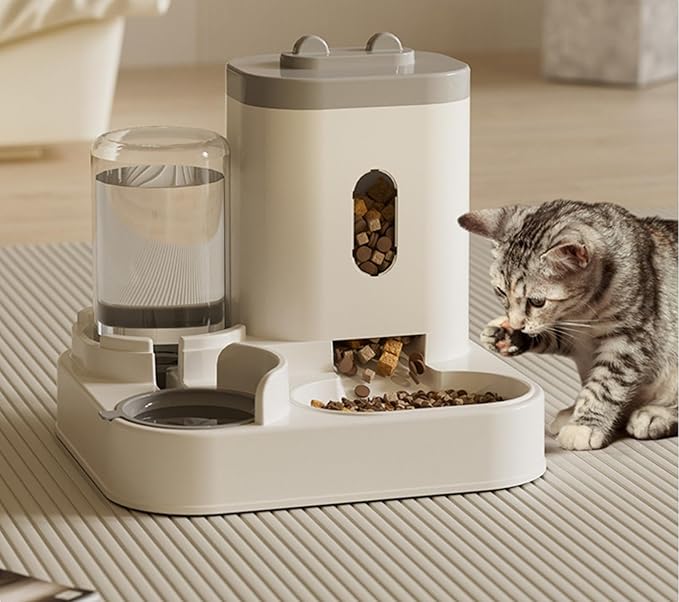 Automatic Pet Feeder and Water Dispenser, 2-in-1 Food and Water Station, Beige, Gravity Fed with Storage Container (Gray)