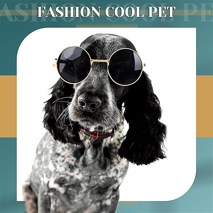 Dog Sunglasses Retro Pet Glasses Doll Glasses Classic Round Dog Glasses Metal Cat Puppy Eye Wear Hippie Costumes for Cats and Dogs, Photos Props Cosplay Party Costume (Gold, Black,Modern Style)