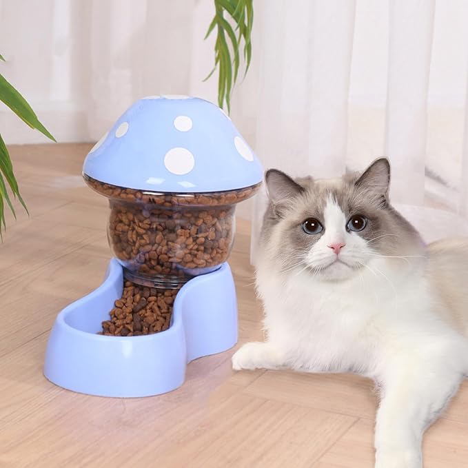 2025 Automatic Pet Feeder with Mushroom Shape for Cats Dogs Puppies Kittens Easy Clean Refill Dual Food Water Dispenser for Small Medium Pets at Home Travel (Blue)