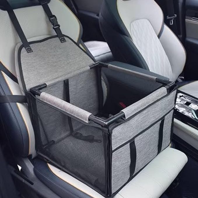 Asixxsix Small Dog Car Booster Seat, Waterproofing Folding Soft Travel Pet Carrier Cage with Breathable Mesh and Stable Portable Pet Car Basket for Road Trip (Light Gray)