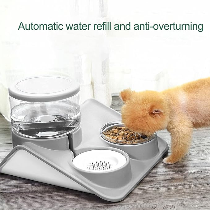 2-in-1 Double Dog Cat Bowls, Pet Water and Food Bowl Set, 1.8L Automatic Water Dispenser Detachable Bowl No-Spill Dog Waterer, Pet Feeder Auto Pets Waterer for Cat and Small Dog (Grey)