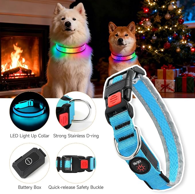 LED Dog Collar, Light Up Dog Collar USB Rechargeable, Nylon Adjustable Comfortable Soft Bright RGB 7 Colors Changeing Safety Light Glowing Collar for Small and Medium Dogs(Small,Blue)