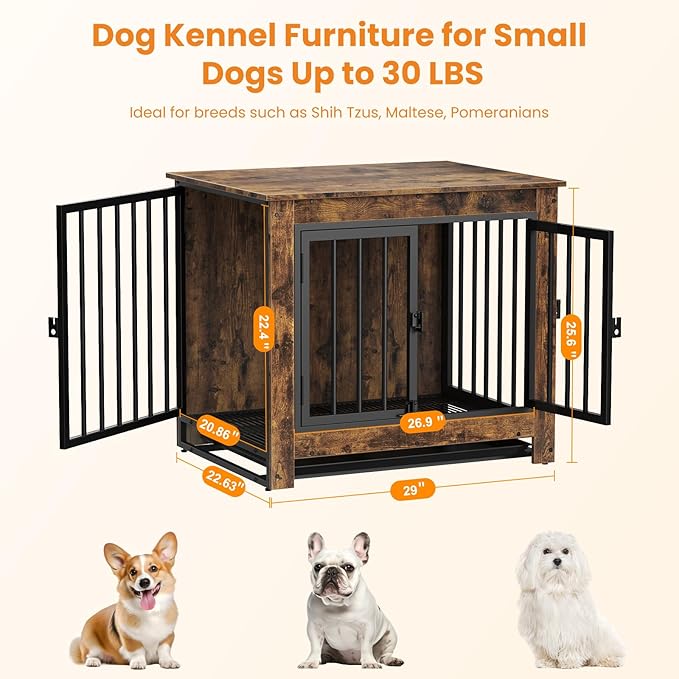 Dog Crate Furniture, 29 Inch Indoor Dog Kennel for Small Dogs Up to 30 LBS, Heavy Duty Wooden Pet Cage End Table with 3 Doors, Alloy Steel Frame & Removable Tray