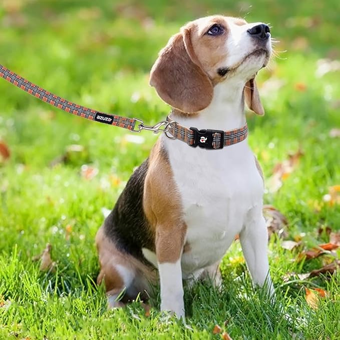 azuza Dog Collar and Leash Set, Classic Plaid Dog Collar with Matching Leash for Small Dogs, Great for Christmas, New Year, Festivals and Daily Use