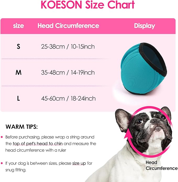KOESON Dog Calming Hoodie - No Shake Ear Wraps for Dogs, Anxiety Relief & Noise Protection, Water Resistant Pet Ear Cover Muffs for Firework, Grooming, Thunderstorms, Swimming, Bathing, Turquoise L