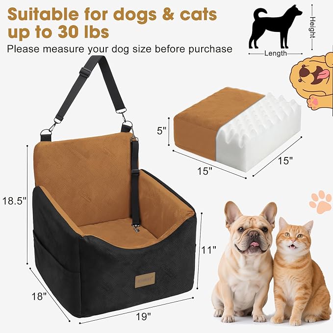 JOEJOY Dog Car Seats for Small Medium Dogs Under 30lbs, Dog Booster Seat with Detachable Washable Cover and Cushion, Memory Foam Pet Car Seat with Safety Belt and Storage Pockets (Brown)