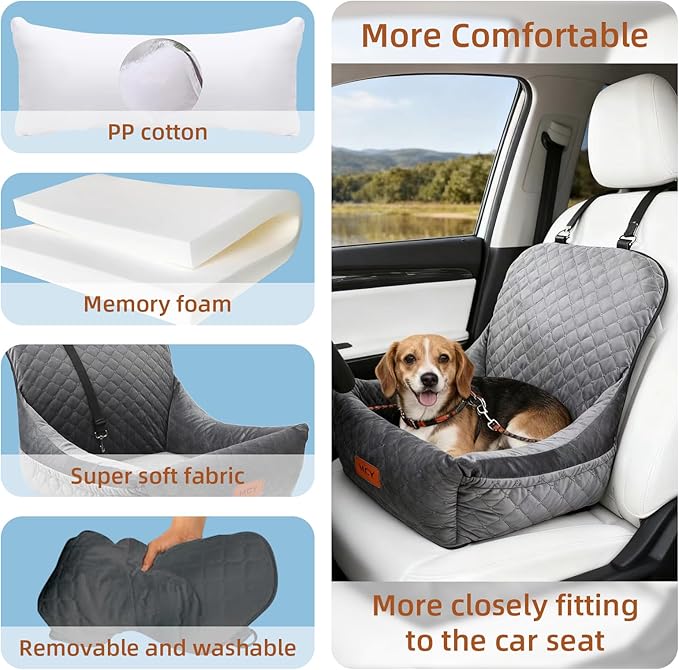 Dog Car Seat for Small Dogs, Fully Detachable and Washable Pet Booster Car Seats, Pet Travel Home Bed Ultra Soft Fabric, Adjustable Straps,Easy to Install, Gray
