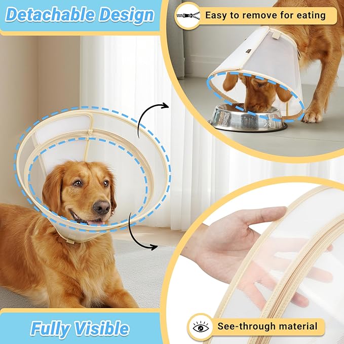 Dog Cone to Stop Licking, Clear Recovery Collar with Detachable Zipper, Sturdy Elizabethan Collar for Large Medium Small Dogs, Soft Adjustable Cone After Surgery Patented, Khaki XL