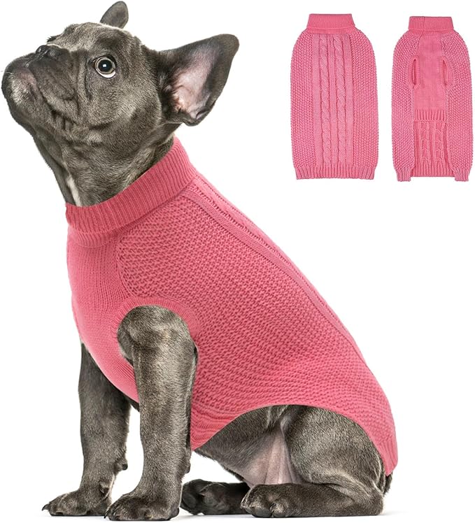 XXS Dog Sweater, Classic Cable Knit Warm Dog Sweatshirt with Reflective Yarn for Girl Boy, Halloween Fall Winter Coat Turtleneck Pullover Clothes Apparel for Small Medium Large Dogs (Pink XXS)