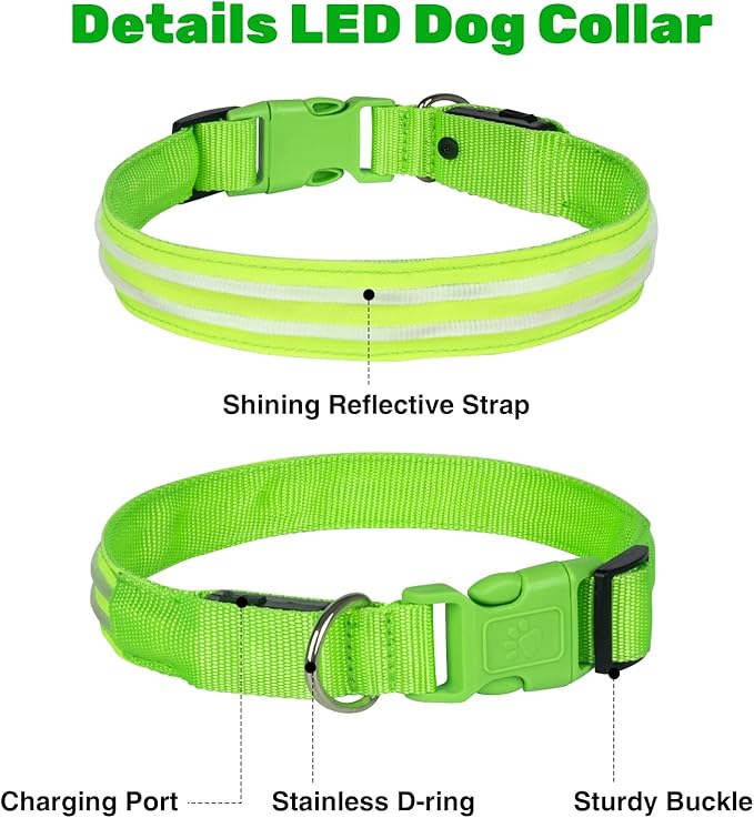 Geekman LED Dog Collar, LED Glow Collar with USB Rechargeable, Comfortable Adjustable Soft Mesh Safety Dog Collar for Dogs(Medium, Green)
