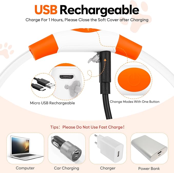 LED Dog Collar, Light Up Dog Collars USB Rechargeable for Night Walking-Fashion TPU Glowing Safety Pet Collar Lights for Small Dogs Cat (Orange)