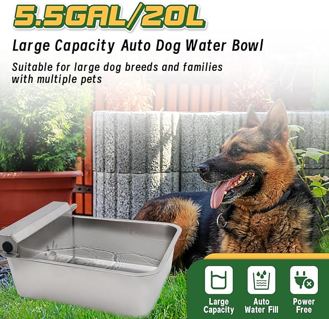 5.5Gal/20L Large Automatic Dog Water Dispenser,Stainless Steel Waterer Feeder Large Water Bowl for Pets & Livestock,Water Auto Fill Waterer with Float Valve Hose Quick Connector,Fit GHT 3/4" Faucet