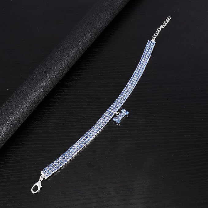 DOITOOL Rhinestone Dog Collar with Blue Crystal Mini Bone Pendant, Adjustable Small Size Luxury Pet Collar for Dogs, Sturdy Chain Necklace for Pet Supplies
