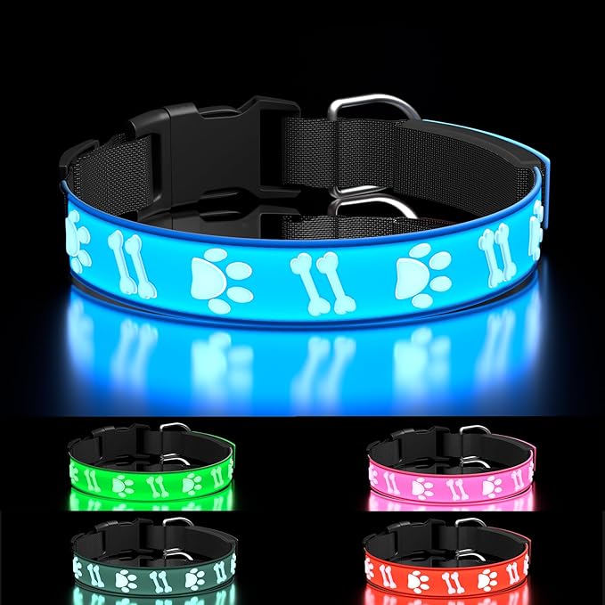 Light Up Dog Collar, 15-in-1 Light Modes/ 3D Design/Adjustable/Rechargeable LED Dog Collar for Night Walking, Safety Dog Glowing Collar, Blue