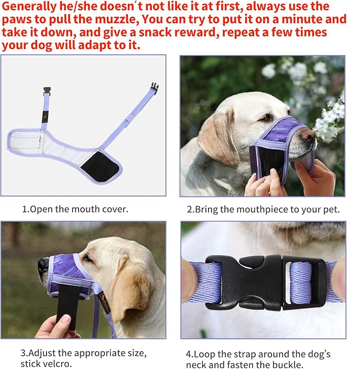 HEELE Dog Muzzle,Soft Nylon Muzzle Anti Biting Barking Chewing,Air Mesh Breathable Drinkable Adjustable Loop Pets Muzzle for Small Medium Large Dogs 4 Colors 4 Sizes (P-Meteor Purple, XS)